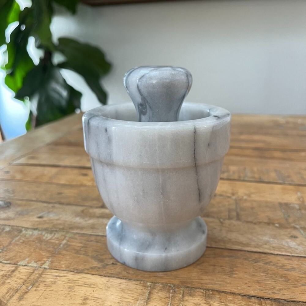 Polished Marble Mortar and Pestle Set Gray and White Heavy